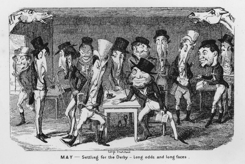 maj, nøjes med derbyet, lange odds og lange ansigter (gravering) swed av George Cruikshank