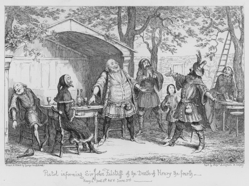 Pistol som informerar Sir John Falstaff om Henry den fjärdes död av George Cruikshank