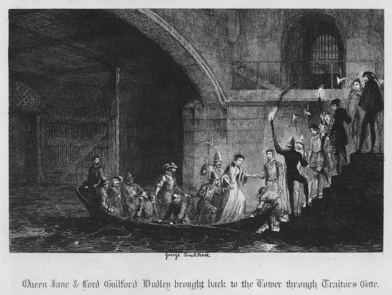 Drottning Jane och Lord Guilford Dudley fördes tillbaka till tornet genom Traitors Gate (gravyr) av George Cruikshank