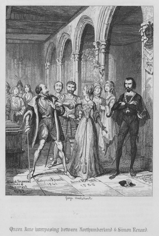 Drottning Jane mellan Northumberland och Simon Renard (gravyr) av George Cruikshank