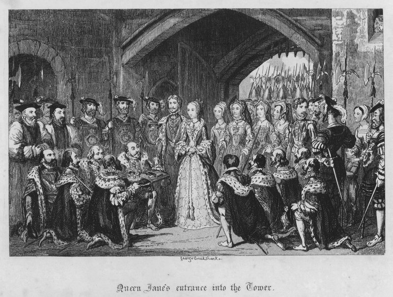 Drottning Janes entré i tornet (gravyr) av George Cruikshank