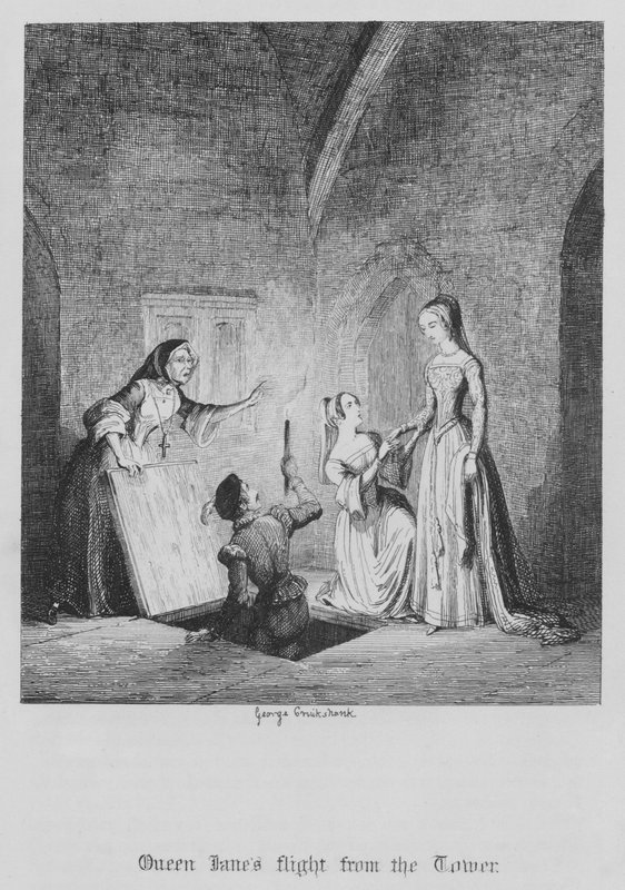 Drottning Janes flykt från tornet (gravyr) av George Cruikshank
