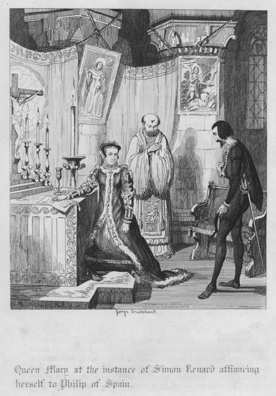 Drottning Mary vid tillfälle av Simon Renard som anknyter sig till Filip av Spanien (gravyr) av George Cruikshank