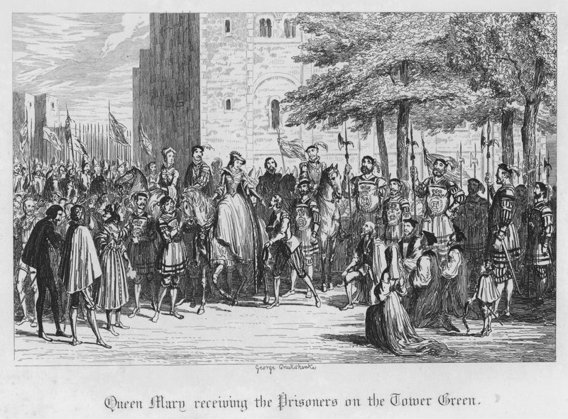 Queen Mary tar emot fångarna på Tower Green (gravyr) av George Cruikshank