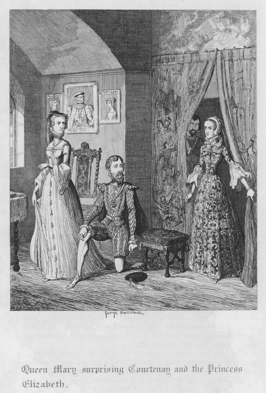 Drottning Mary överraskar Courtenay och prinsessan Elizabeth (gravyr) av George Cruikshank