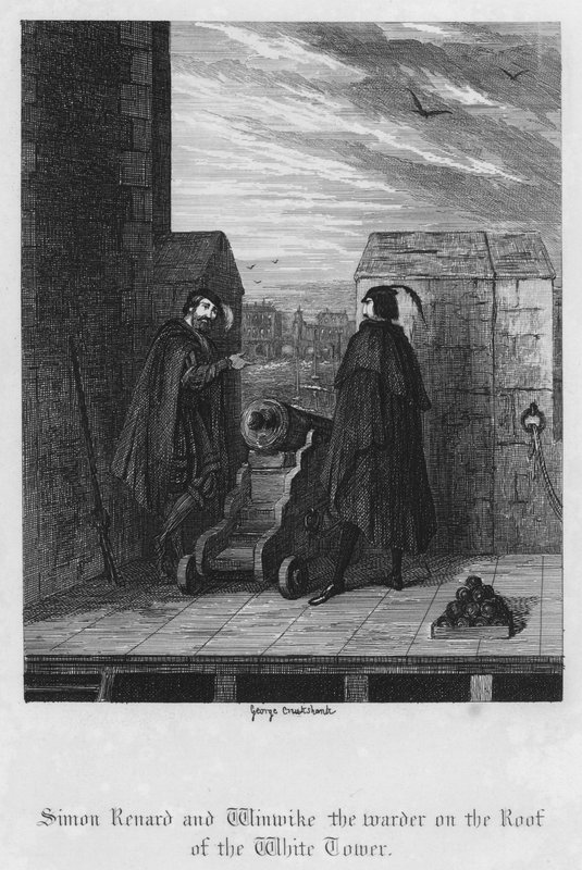 Simon Renard och vaktmästaren Winwike på Vita tornets tak (gravyr) av George Cruikshank