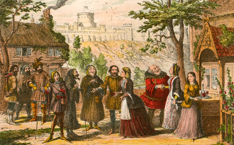 Sir John Falstaff på besøg hos sin ven Page i Windsorswed av George Cruikshank