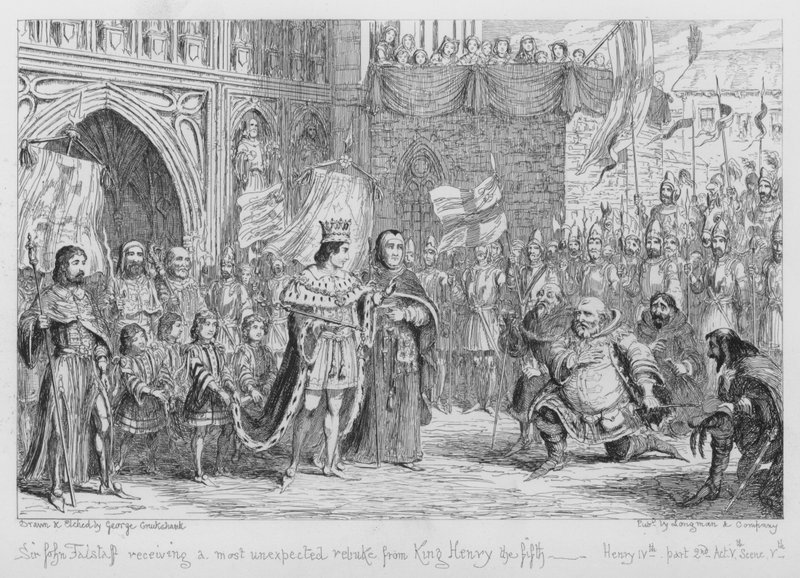 Sir John Falstaff får en oväntad tillrättavisning av kung Henrik den femte. av George Cruikshank