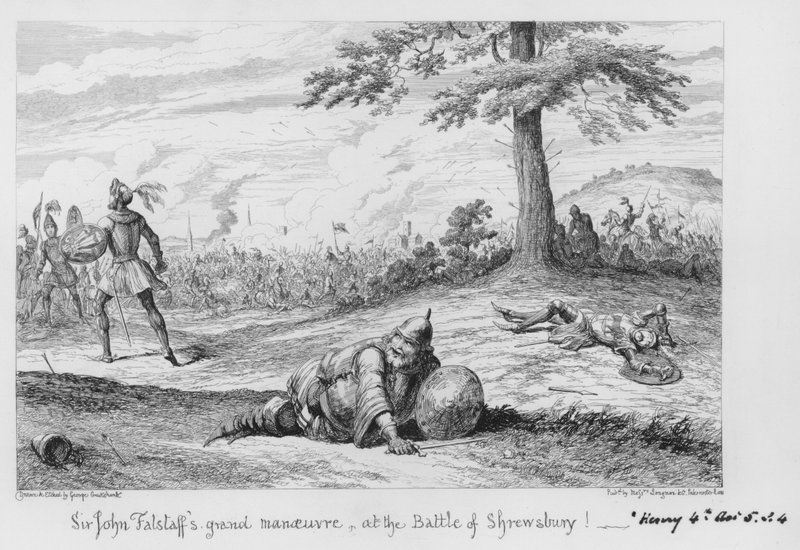 Sir John Falstaffs storslagna manöver i slaget vid Shrewsbury! av George Cruikshank