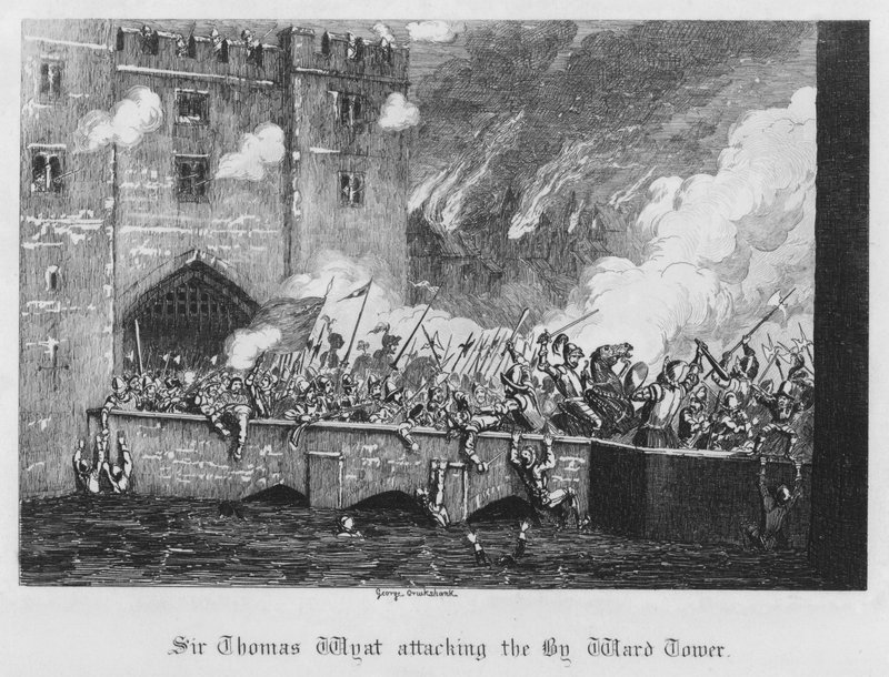 Sir Thomas Wyatt attackerar Byward Tower (gravyr) av George Cruikshank