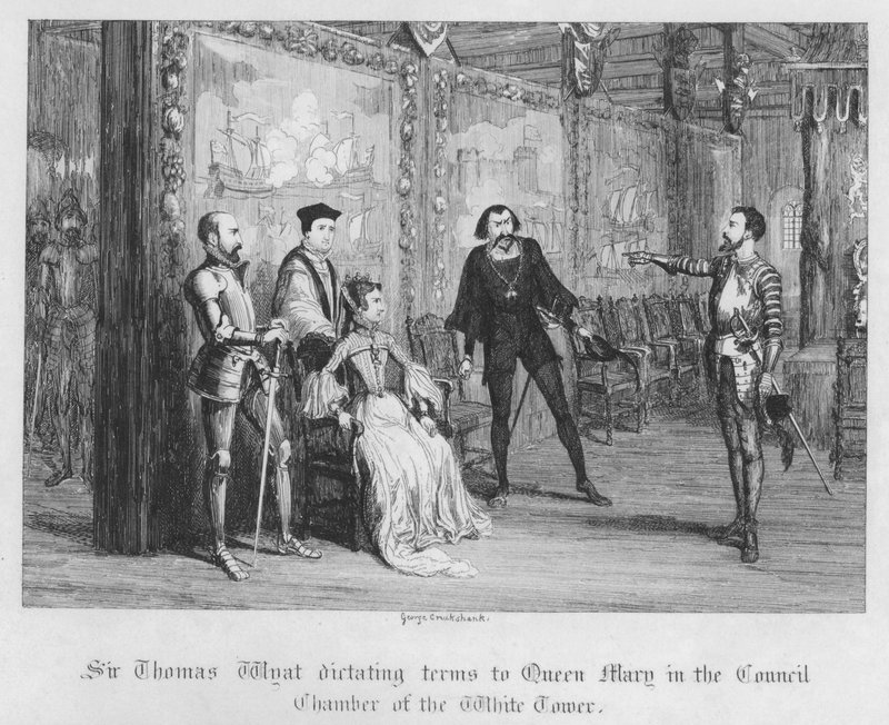 Sir Thomas Wyatt dikterar villkor för drottning Mary i rådkammaren i Vita tornet (gravyr) av George Cruikshank