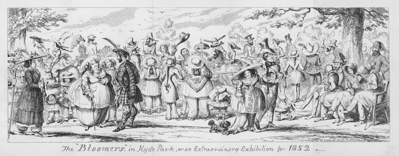 The Bloomers i Hyde Park, eller en extraordinär utställning för 1852 (gravyr) av George Cruikshank