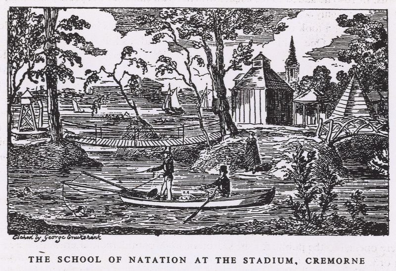Natationskolan på stadion, Cremorne Gardens av George Cruikshank