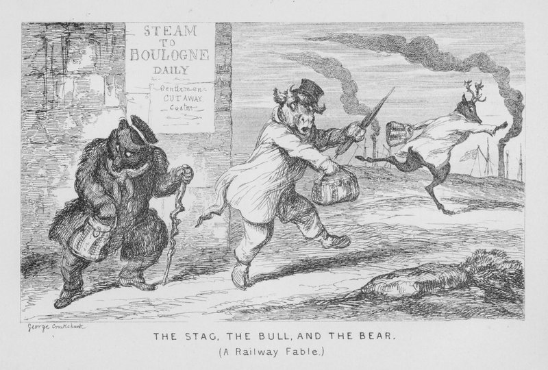 Stag, tjuren och björnen, en järnvägsfabel (gravyr) av George Cruikshank
