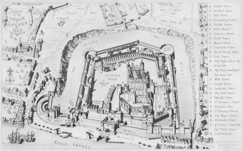 Utsikt över Towern i London 1553 (gravyr) av George Cruikshank