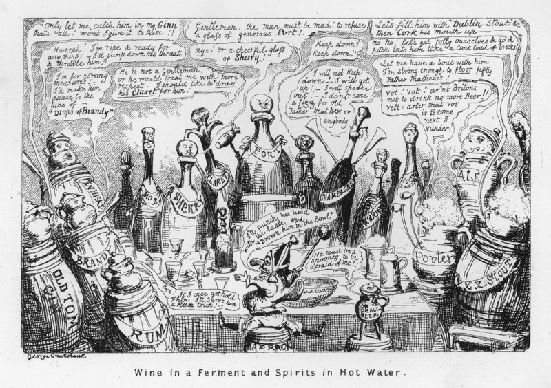 Vin i jäsning och sprit i varmt vatten (gravyr) av George Cruikshank