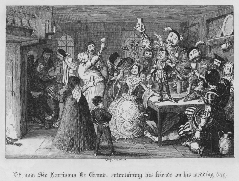 Xit, nu Sir Narcissus Le Grand, underhåller sina vänner på sin bröllopsdag (gravyr) av George Cruikshank