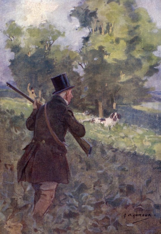 Gammaldags rapphönsskytte (litho i färg) av George Denholm Armour