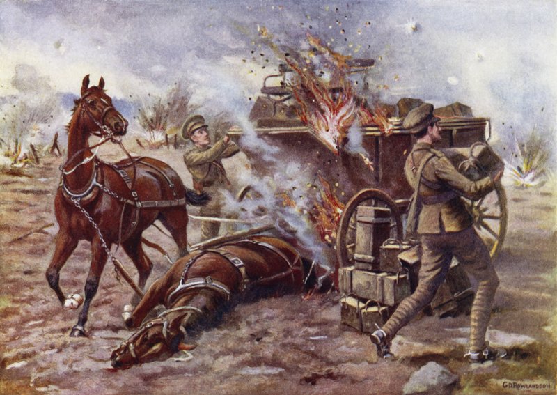 Tillförordnad Bombardier H A Creasey hjälper till att lossa en brinnande ammunitionsvagn under mycket kraftig granateld, Potijze, nära Ypres, 25 april 1915 av George Derville Rowlandson
