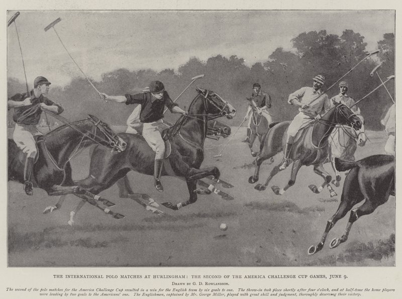 De internationella polomatcherna i Hurlingham, det andra av America Challenge Cup-spelen, 9 juni. av George Derville Rowlandson