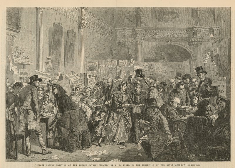 Val av föräldralösa spädbarn på London Tavern (gravyr) av George Elgar Hicks