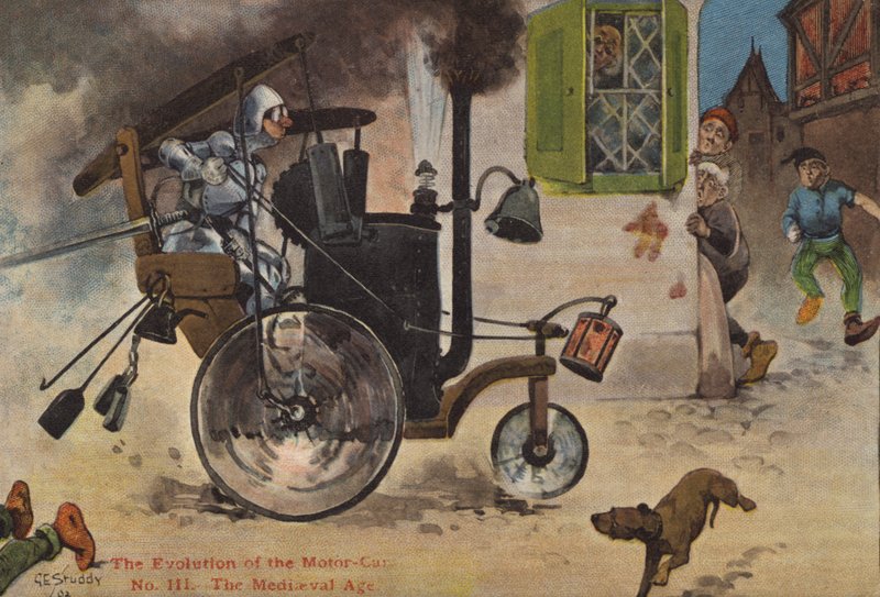 Utvecklingen av motorbilen: medeltiden (färg litho) av George Ernest (after) Studdy