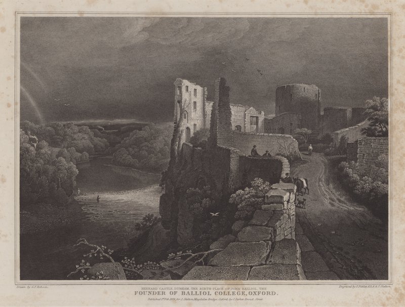 Barnard Castle, Durham, födelseplats för John Balliol, grundare av Balliol College, Oxford (gravyr) av George Fennel (after) Robson