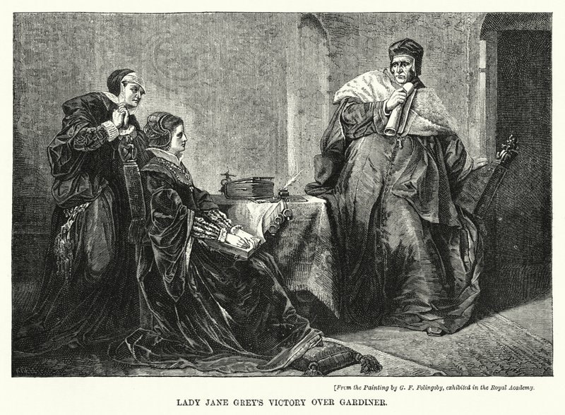 Lady Jane Greys seger över Gardiner (gravyr) av George Frederick Folingsby