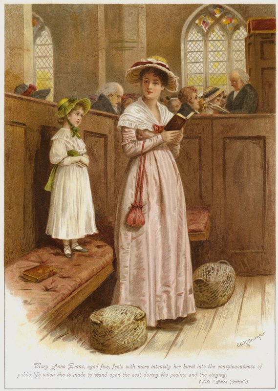 Mary Anne Evans, fem år gammal, känner med större intensitet hur hon bröt in i det offentliga livets medvetande när hon tvingas stå på sätet under psalmerna och sången av George Goodwin Kilburne