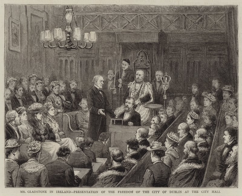 Mr Gladstone i Irland, presentation av staden Dublins frihet i stadshuset av George Goodwin Kilburne