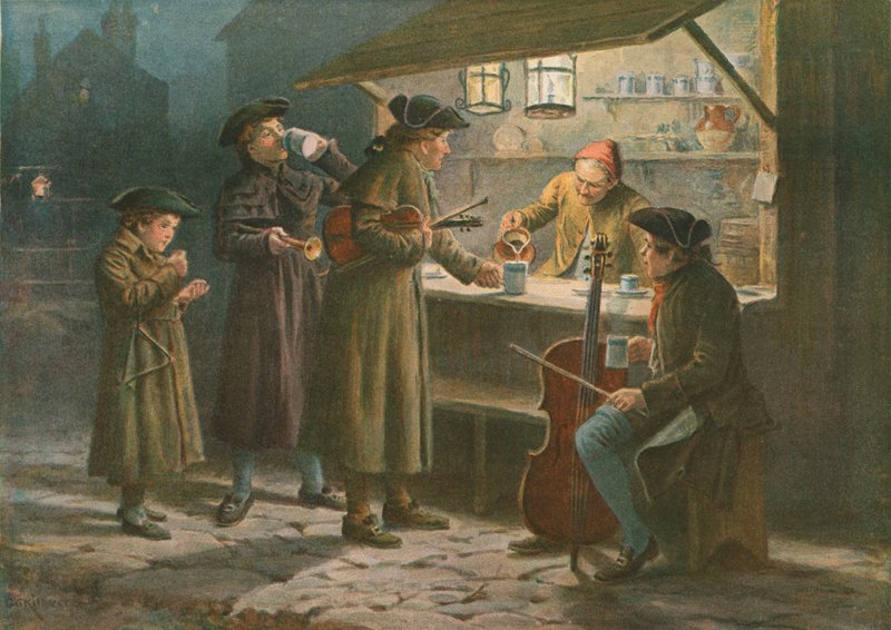 The Christmas Waits Refreshing at a Night Stall  av George Goodwin Kilburne