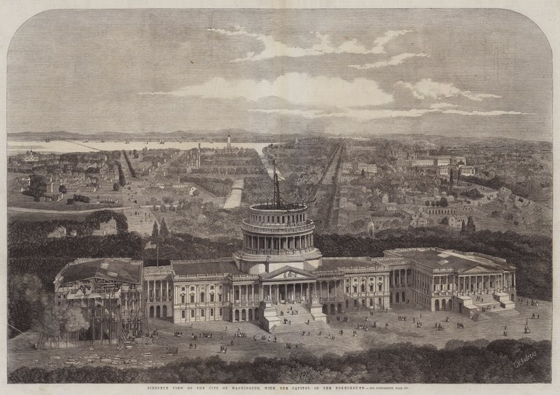 Fågelvy över staden Washington, med Capitolium i förgrunden av George Henry Andrews