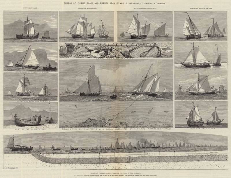 Modeller av fiskebåtar och fiskeredskap i den internationella fiskeutställningen av George Henry Andrews