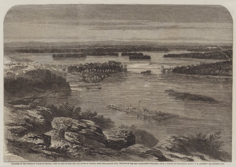 Framsteg för prinsen av Wales i Kanada, utsikt över en del av staden och floden Ottawa, från Barrack Hill, platsen för de nya parlamentsbyggnaderna av George Henry Andrews