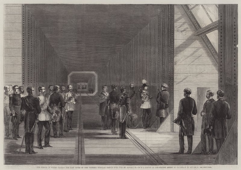 Prinsen av Wales stänger den sista niten på Victoria Tubular Bridge över St Lawrence. av George Henry Andrews