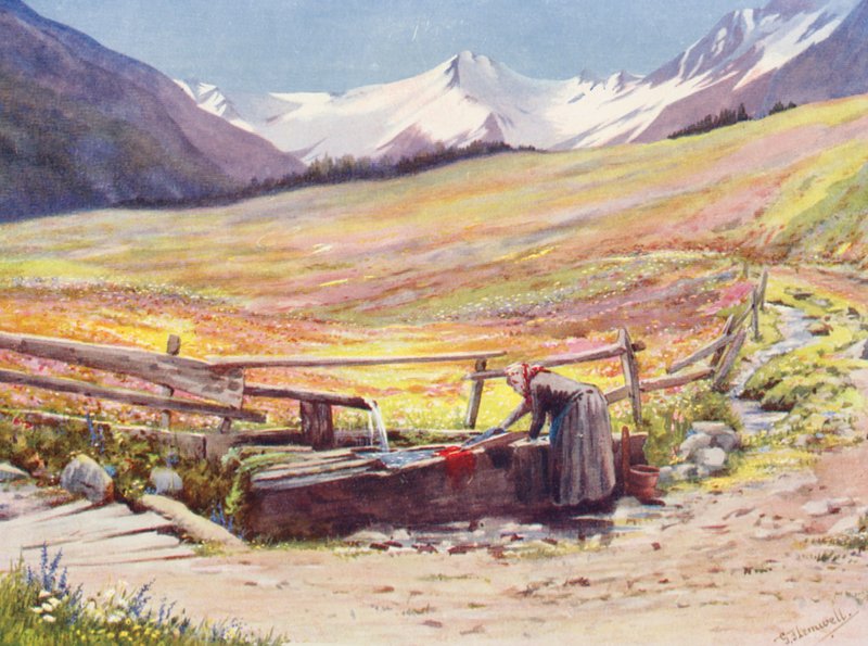 Fält i början av juni utanför Praz de Fort i Val Ferret, med stöd av Groupe du Grand Saint-Bernard et du Grand Golliaz (färglitografi) av George Jackson Flemwell
