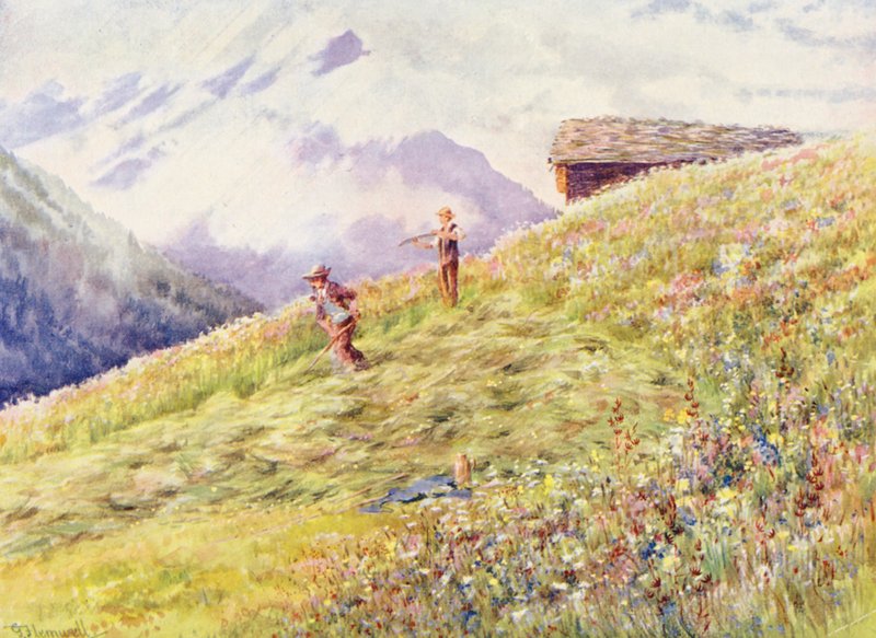 Höbärgning vid Champex i mitten av juli (färglitografi) av George Jackson Flemwell