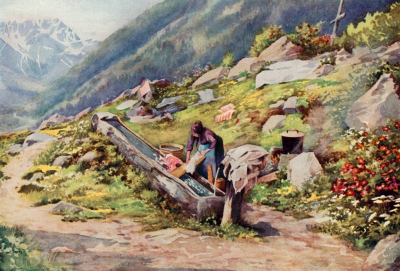 I Chamonixdalen (färg litho) av George Jackson Flemwell