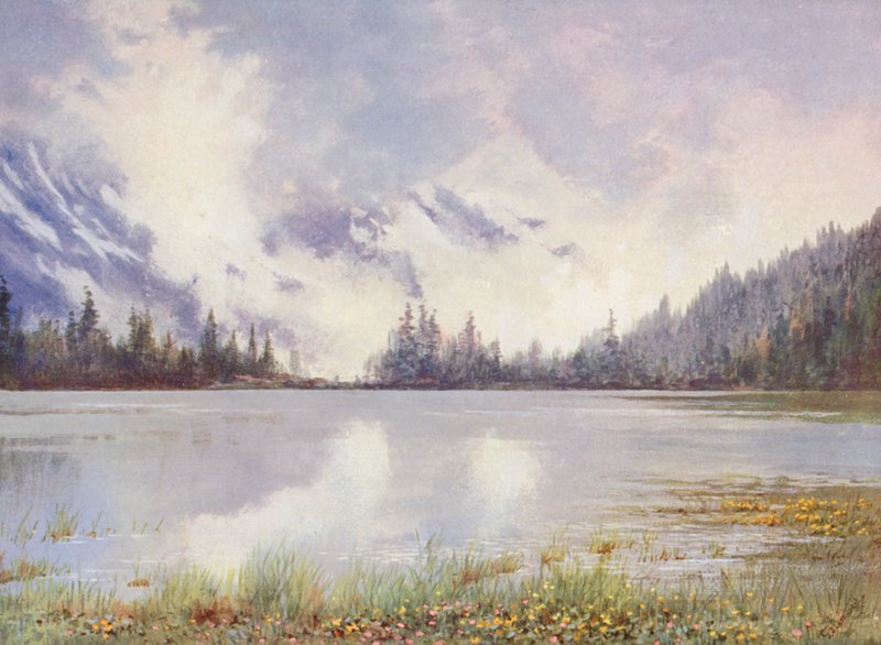 Lac Champex i molnland i slutet av maj; Caltha palustris och Primula farinosa vid vattenbrynet (färglitografi) av George Jackson Flemwell