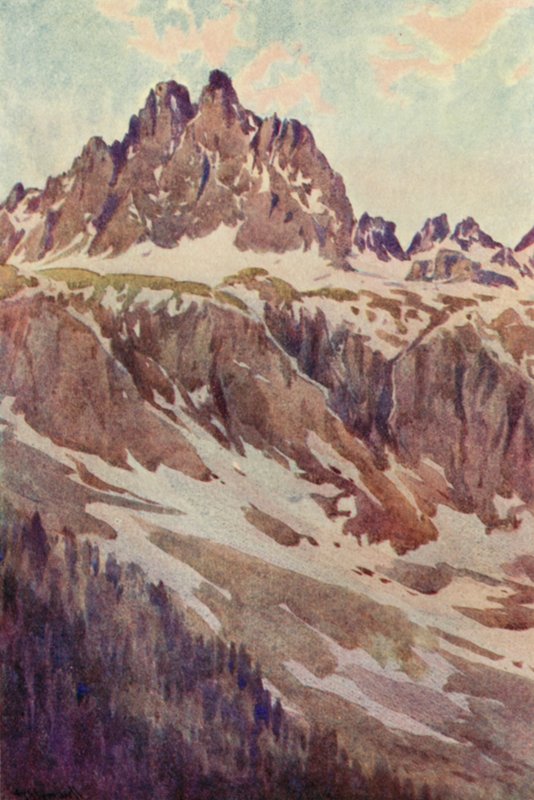 Aiguilles Rouges, en majkväll (färg litho) av George Jackson Flemwell