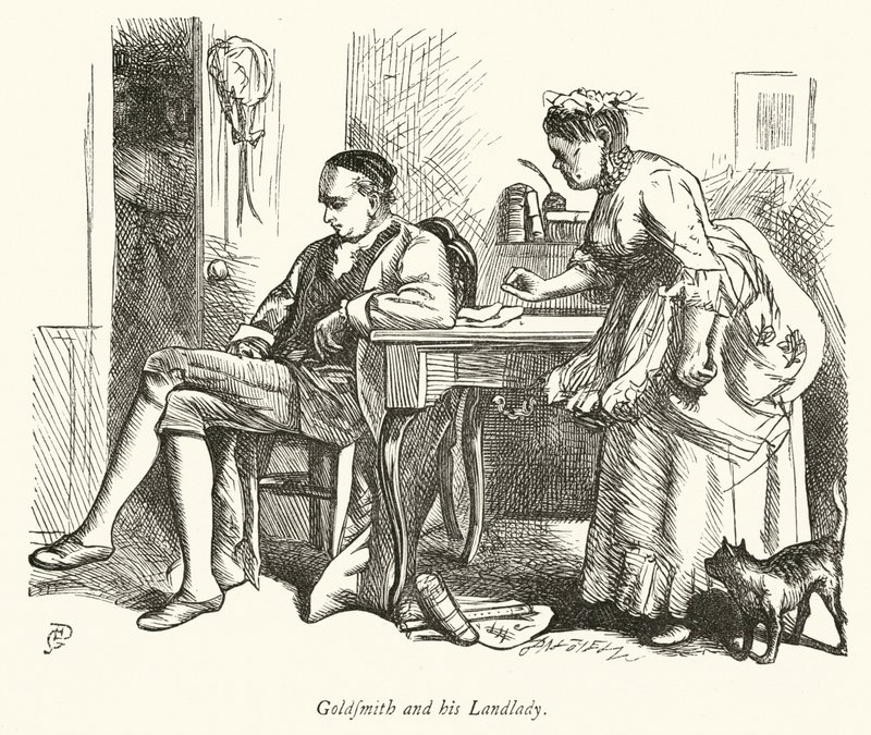Oliver Goldsmith och hans hyresvärdinna (gravyr) av George John Pinwell