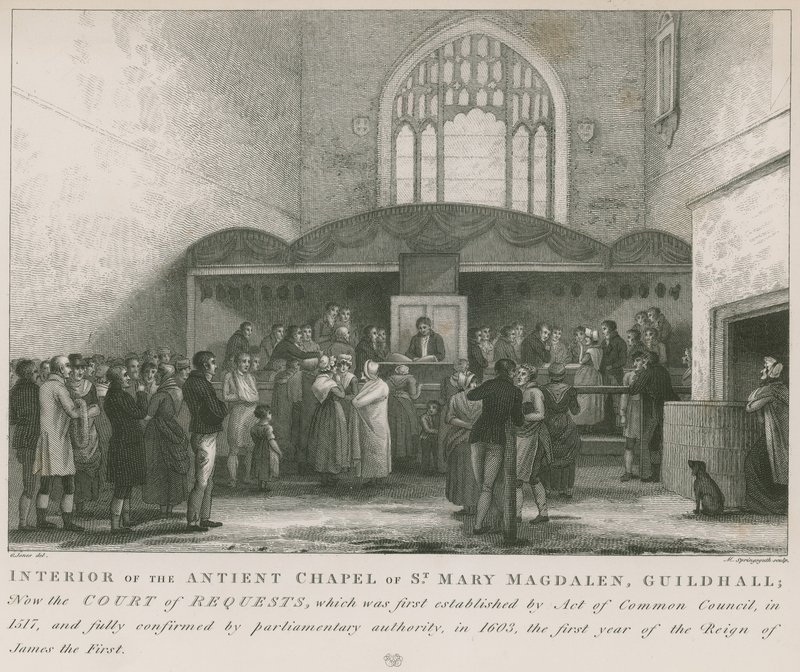 Interiör av det gamla kapellet St Mary Magdalene, Guildhall (gravyr) av George Jones