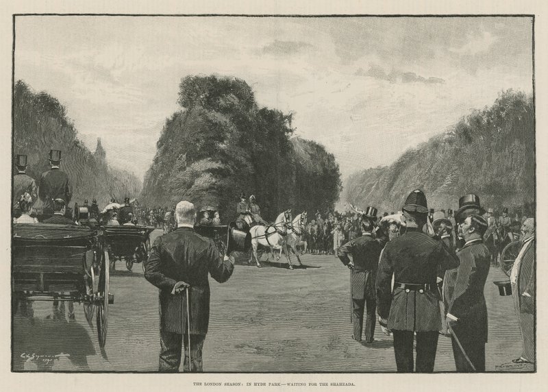 The London Season: I Hyde Park, väntar på Shahzada (gravyr) av George L. Seymour