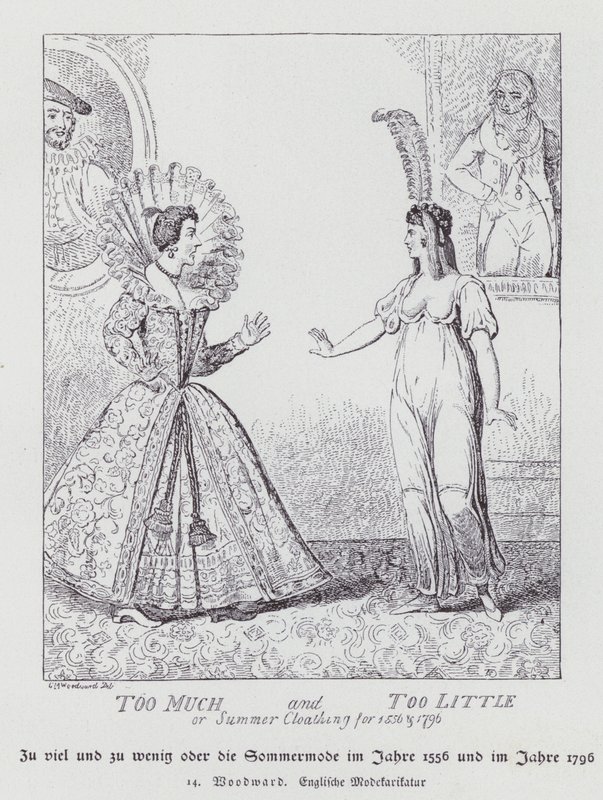 För mycket och för lite, sommarkläder för 1556 och 1796 (litho) av George Moutard (after) Woodward