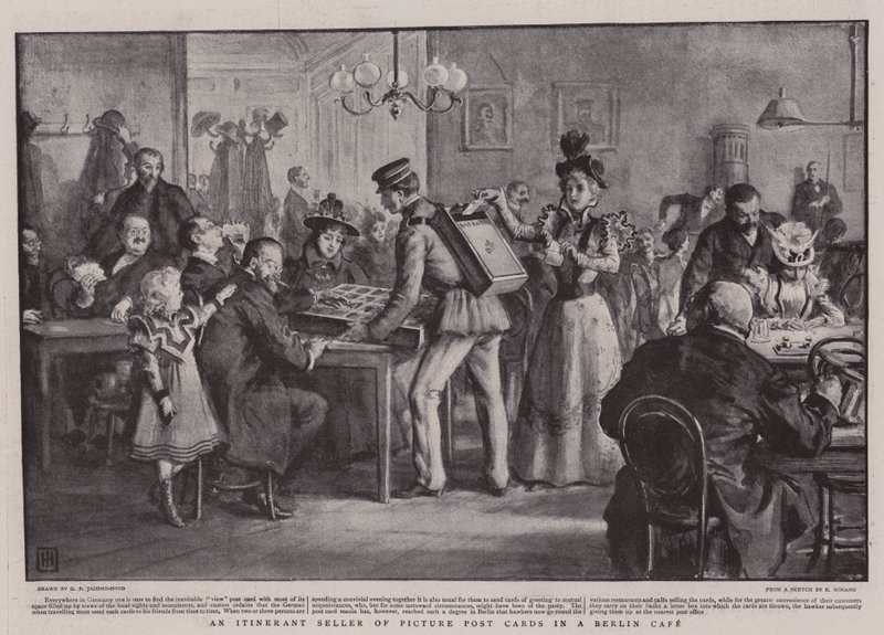 En ambulerande säljare av vykort på ett café i Berlin av George Percy Jacomb Hood