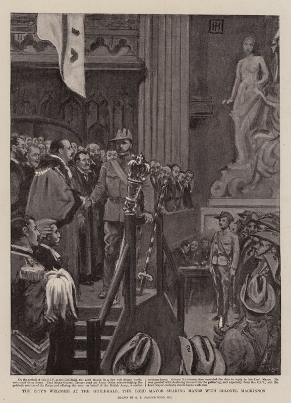 Stadens välkomnande till Guildhall, Lord Mayor skakar hand med överste Mackinnon av George Percy Jacomb Hood