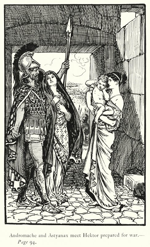 Iliaden: Andromache och Astyanax möter Hektor förberedd för krig (gravyr) av George Percy Jacomb Hood