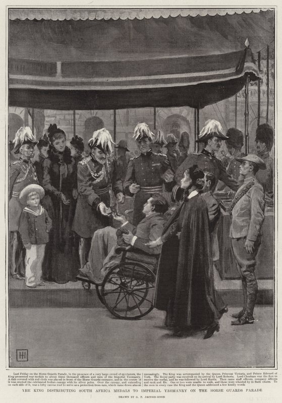 Kungen delar ut Sydafrika-medaljer till Imperial Yeomanry på Horse Guards Parade. av George Percy Jacomb Hood