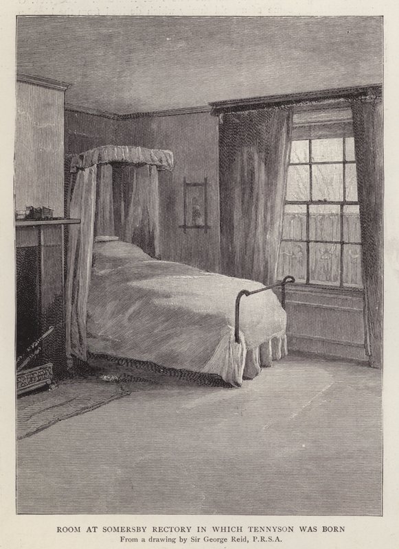 Rum på Somersby Rectory, Lincolnshire, där den engelske poeten Alfred, Lord Tennyson föddes 1809 (litho) av George Reid