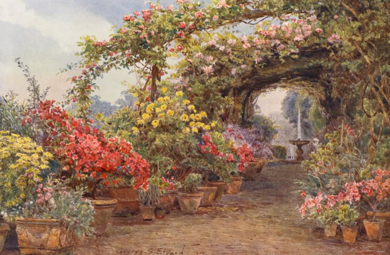 Italienska trädgårdar: En florentinsk terrass (färglitografi) av George Samuel Elgood